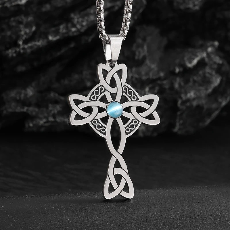 Edelstahl keltischen Knoten Cross Power Stein Anhänger Halskette für Frauen Männer irischen Hexen knoten Glücks schmuck Geschenk