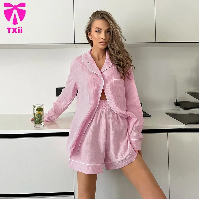 2024 European and American Autumn New Pink Cotton Patchwork Cardigan Pajamas suit Long Sleeve Shorts Women\'s Home Wear