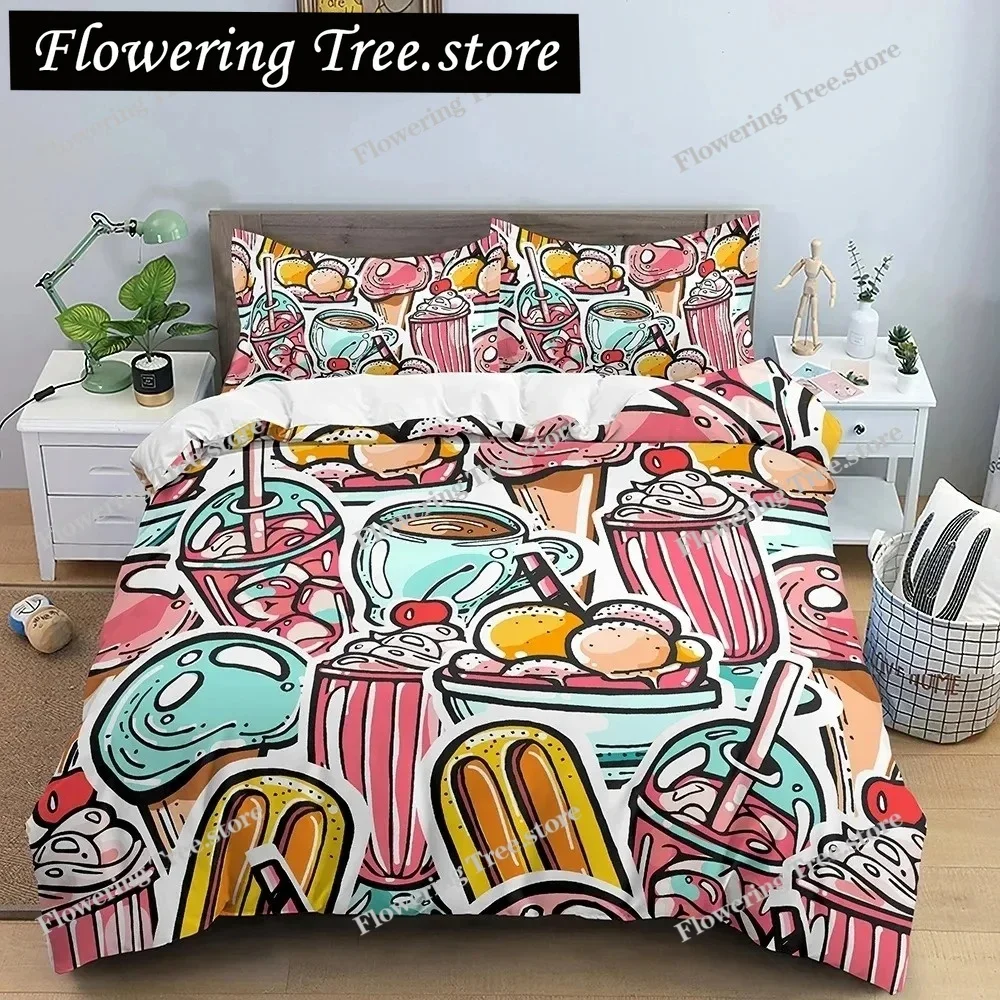 

Snack Duvet Cover Set Coffee Bread Donut Pattern Pink Polyester Comforter Cover For Kids Adult Teen Bedding Set Queen King Size