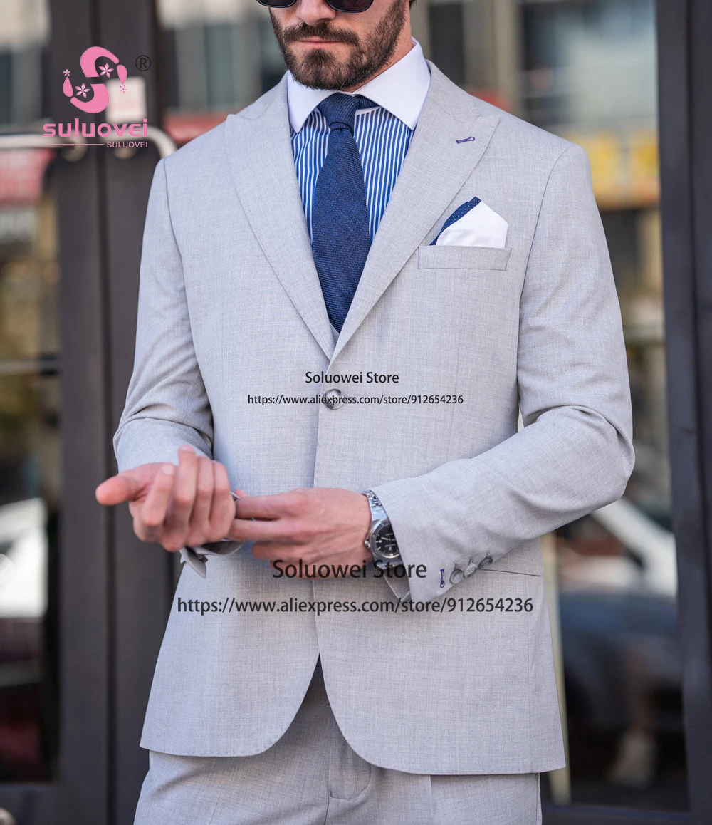 Fashion Light Grey Slim Fit Suits For Men 3 Piece Pants Set Formal Groom Wedding Dinner Tuxedo Blazer Costume Homme Pour Mariage