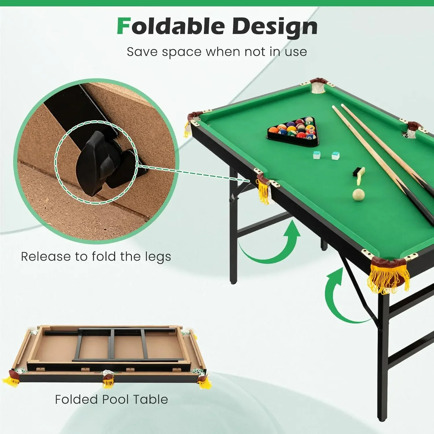 48’’ Foldable Billiard Tables with Balls, 2 Cue Sticks, Chalks and Brush, Mini Pool Table for Kids, Family