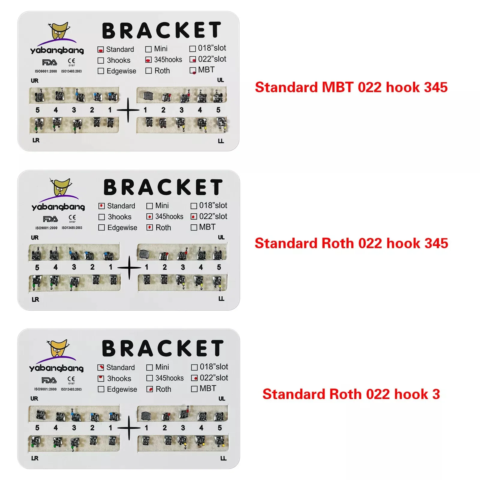 Dental Orthodontic Brackets Braces Mini/Standard Roth/MBT 3-4-5/3 Hooks YBB