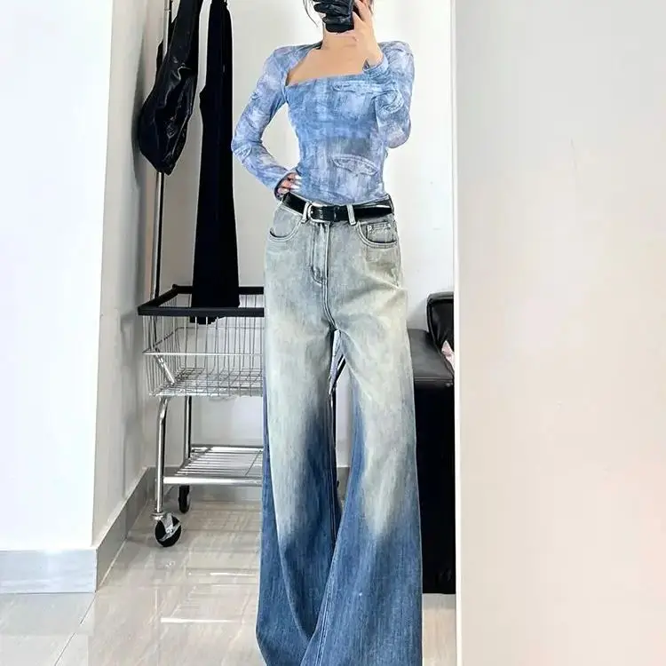 American High Street Washing Blue Gradient Micro-Flare Jeans Women Summer Niche Design Straight-Leg Casual Floor-Moving Pants