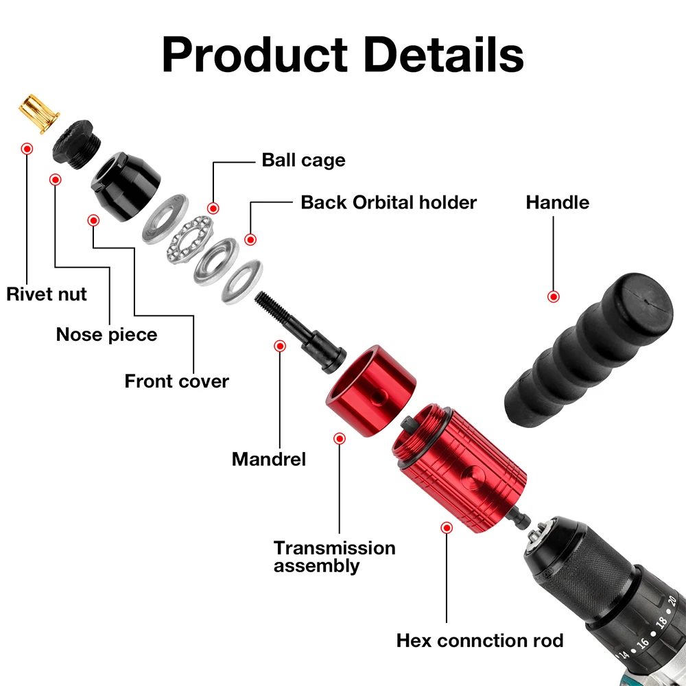 M3 M4 M5 M6 M8 huishoudelijke moer klinkmachine, industriële kwaliteit DIY plug-in moer snelklinkgereedschap, elektrische klinkmoer pistool converter, draadloze moer klinkmachine, gebruikt met elektrische boormachine