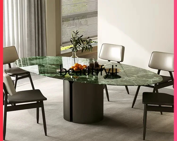 

Pure natural Prada green luxury stone dining table marble high-end French light luxury Italian oval dining table