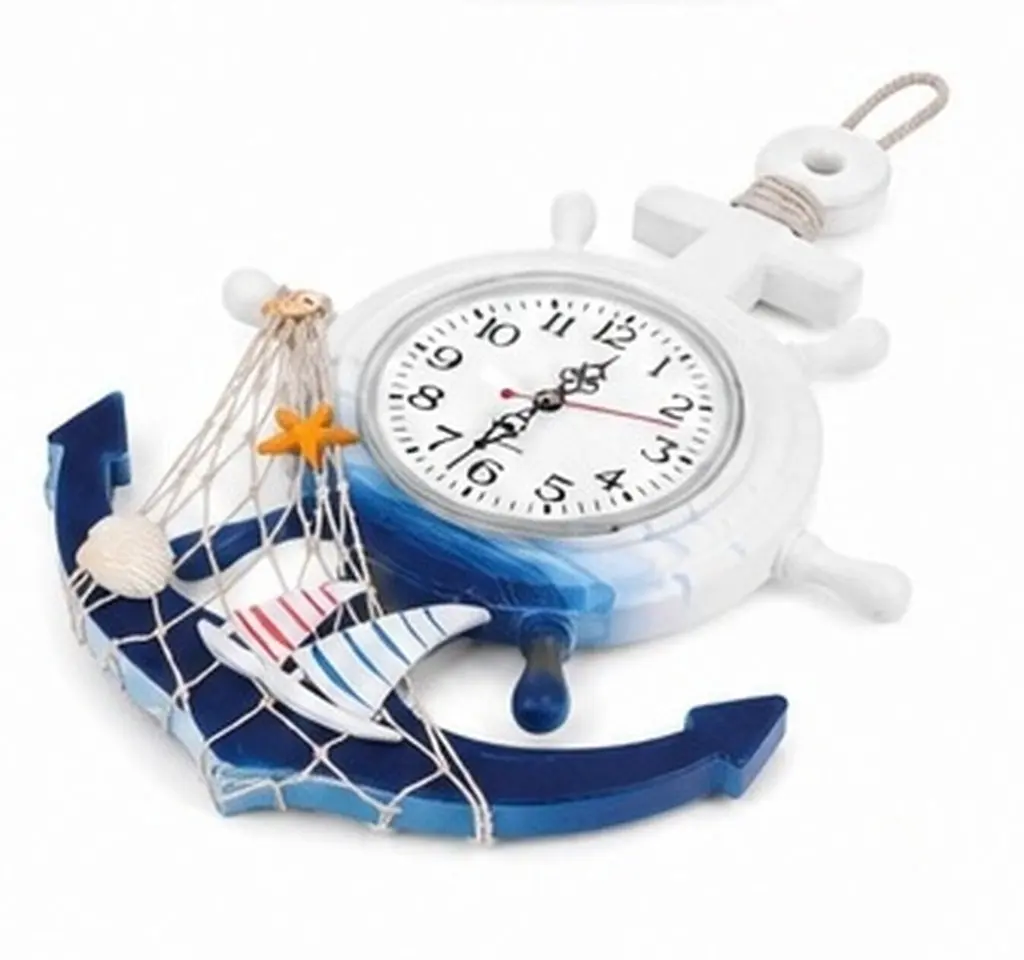 Boat Anchor Hanging Clock Mediterranean Style Wall Clock Wooden Plastic Construction Clear Mirror Surface Creative Sailboat