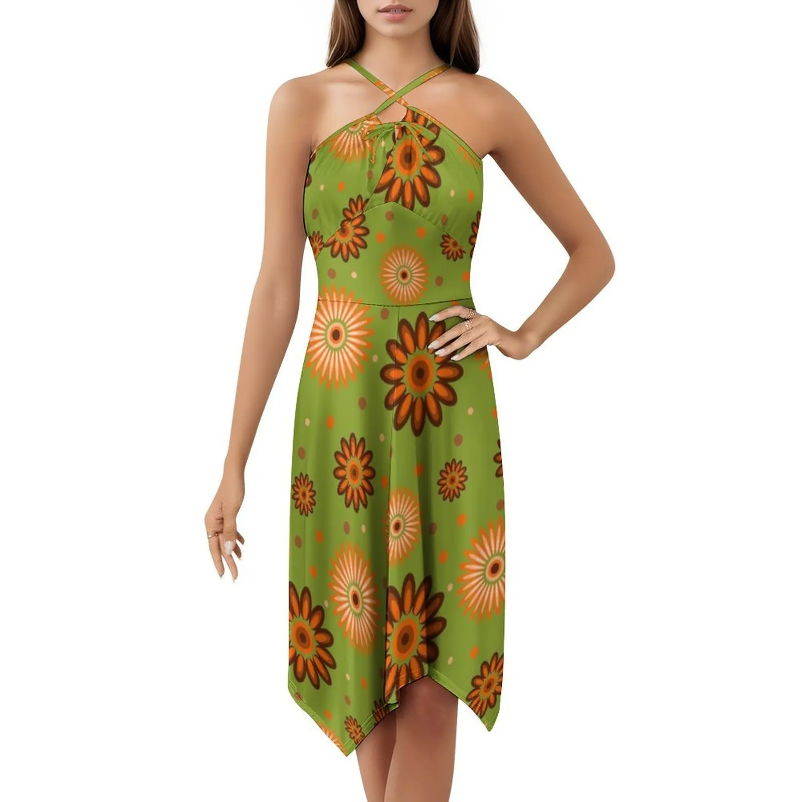 فستان بوهيمي بوهيمي بدون أكمام من الزهور المستوحاة من السبعينيات باللون البرتقالي والبني، فستان متعدد الطباعات لحفلات العطلات على الشاطئ، Thescraggybeard