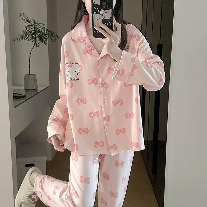 Sanrio Hello Kitty Spring and Autumn Pajama Set Women's Cotton Long Sleeve Pants Two Piece Love Lovely Sweet Home Furnishing Set