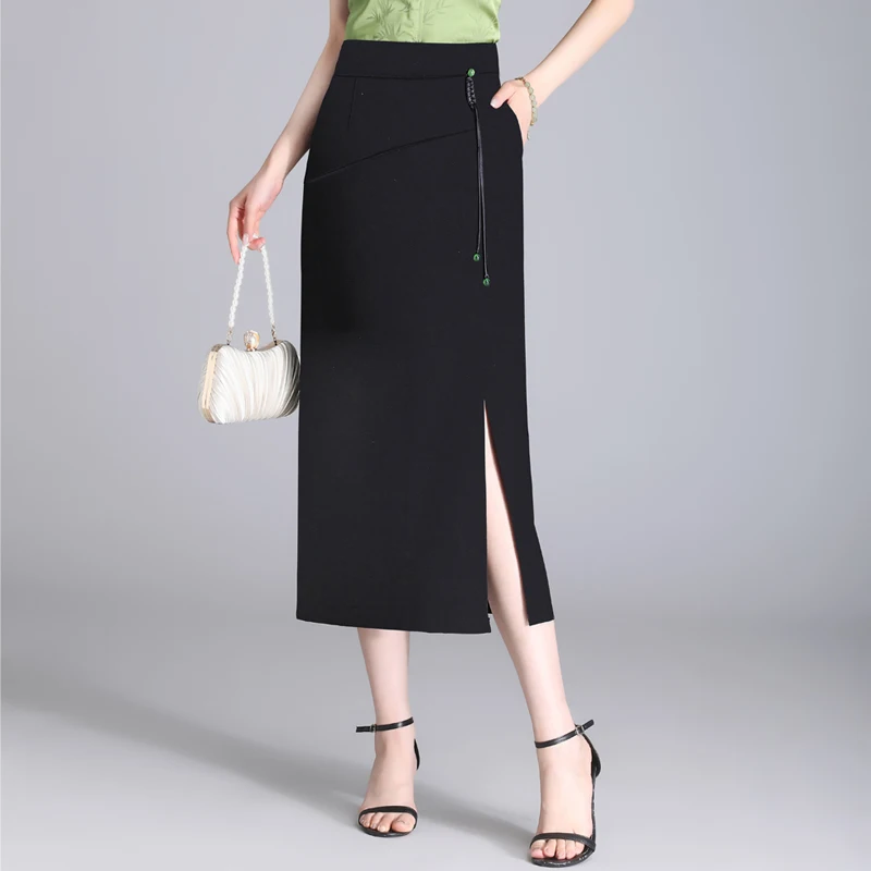 

Ele Юбка-миди средней длины с разрезом, женская юбка трапециевидной формы с высокой талией, китайская юбка длиной до пола с цветочной вышивкой