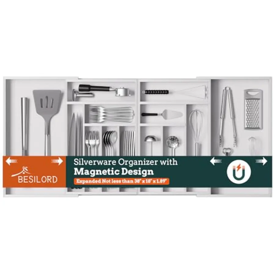 

Silverware Organizer Large Magnetic Connected Expandable Silverware Drawer Organizer from 21 to 37.4 Inch Adjustable Flatware a