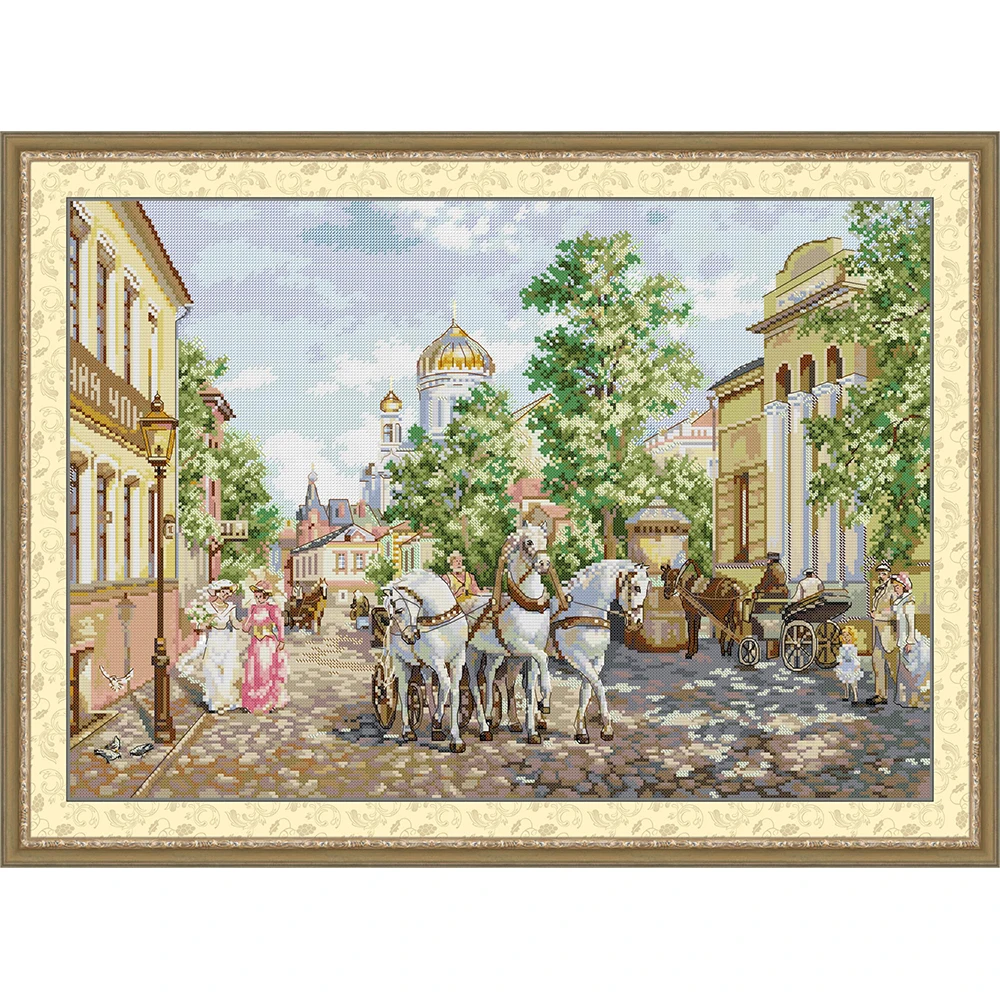 

NKF New Carriage Church Painting Cross Stitch Kits 14CT 16CT Pattern Handmade Embroidery Kit 11CT DMC Printed Canvas