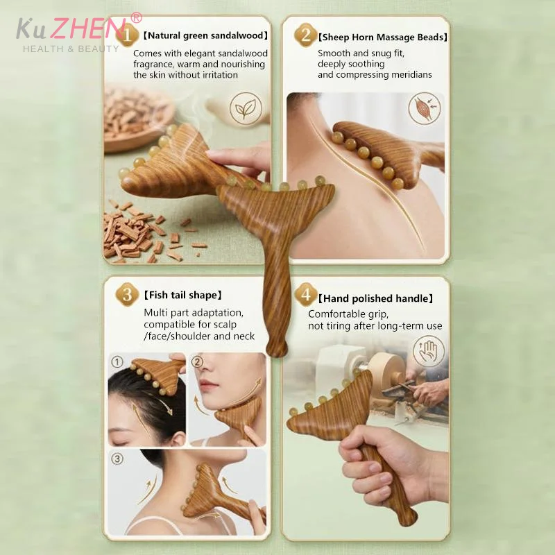 Portable Sandalwood Meridian Massage Comb Promote Hair Meridians Body Anti-static 6-beads Sheep Horn Head Massager Gua Sha Tool