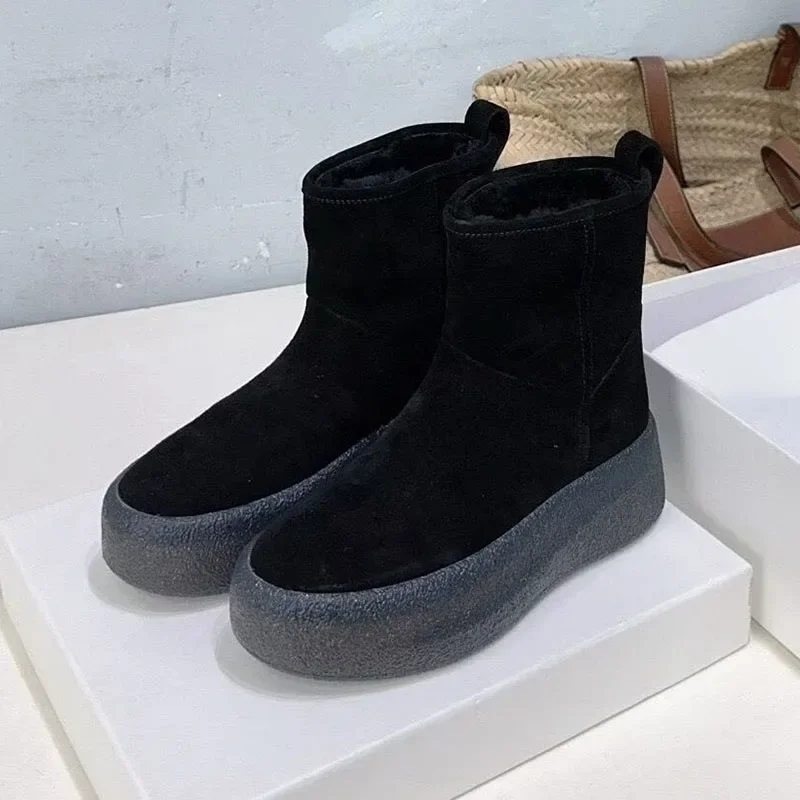 New Snow Boots Suede Flat Thick Bottom Ankle Botas Winter Women Round Toe Real Wool Lining Keep Warm Platform Short Boots