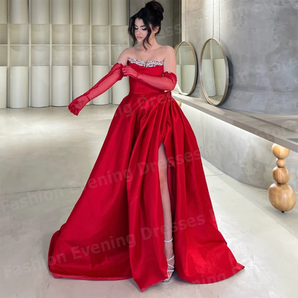 Vestidos de noche elegantes de una línea para mujer, vestidos de fiesta sin mangas con cuentas, personalizados, وعفatuuratuuratuurStrapless Slit فسات temperatur temperatur