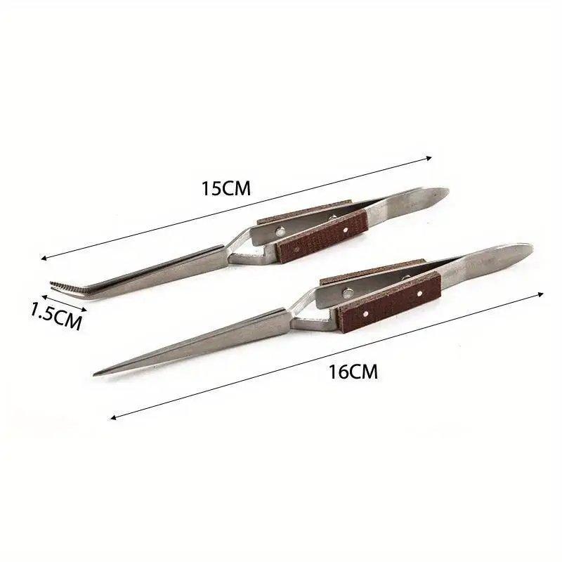 2Pcs/set Stainless Steel Cross Locking Self Closing Insulated Tweezer Straight Elbow Tip Jewelry Soldering Craft Repair Tool - view 2