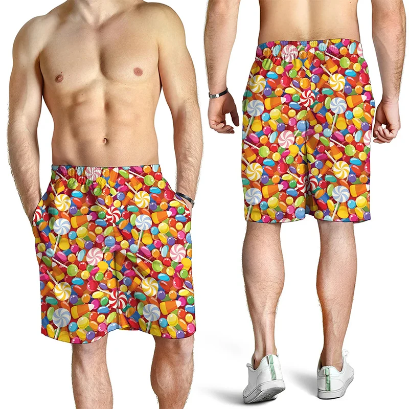 Colorful Candy Graphic Beach Shorts For Men Summer Running Surf Board Shorts Men Quick Dry Stylish Large Size Swim Trunks