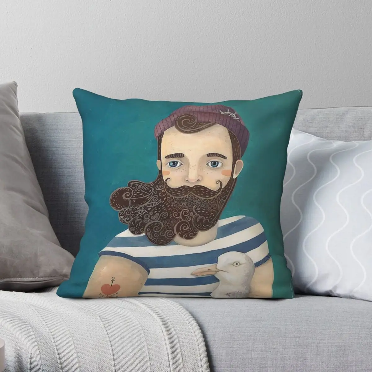 A Sailor Moustache Seagull Pillowcase Polyester Linen Velvet Creative Zip Decor Room Cushion Cover 45x45