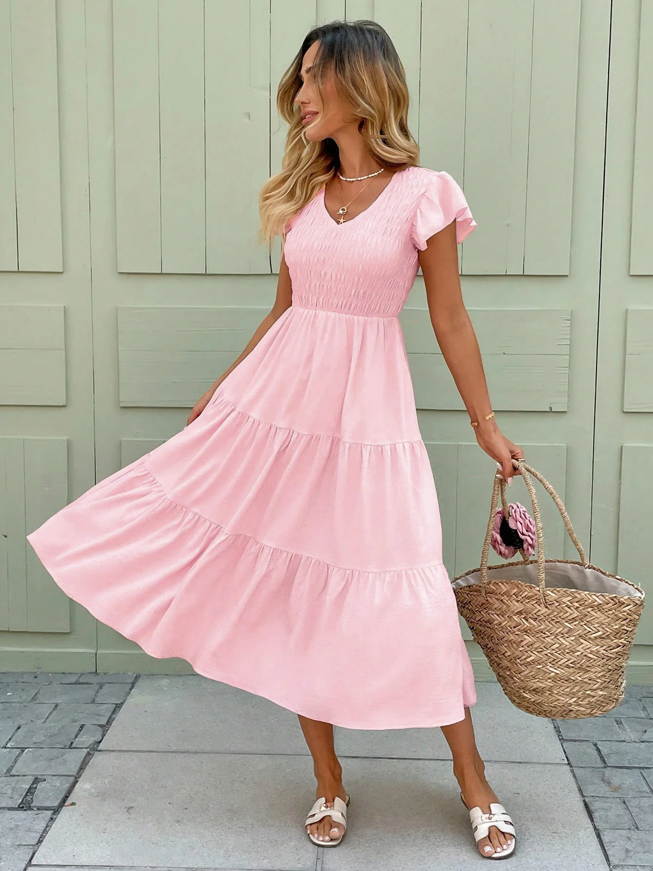 2025 novo verão vestidos com decote em v para mulheres sólido manga curta vestido feminino elegante a linha vestido feminino vestidos de verano mujer q277