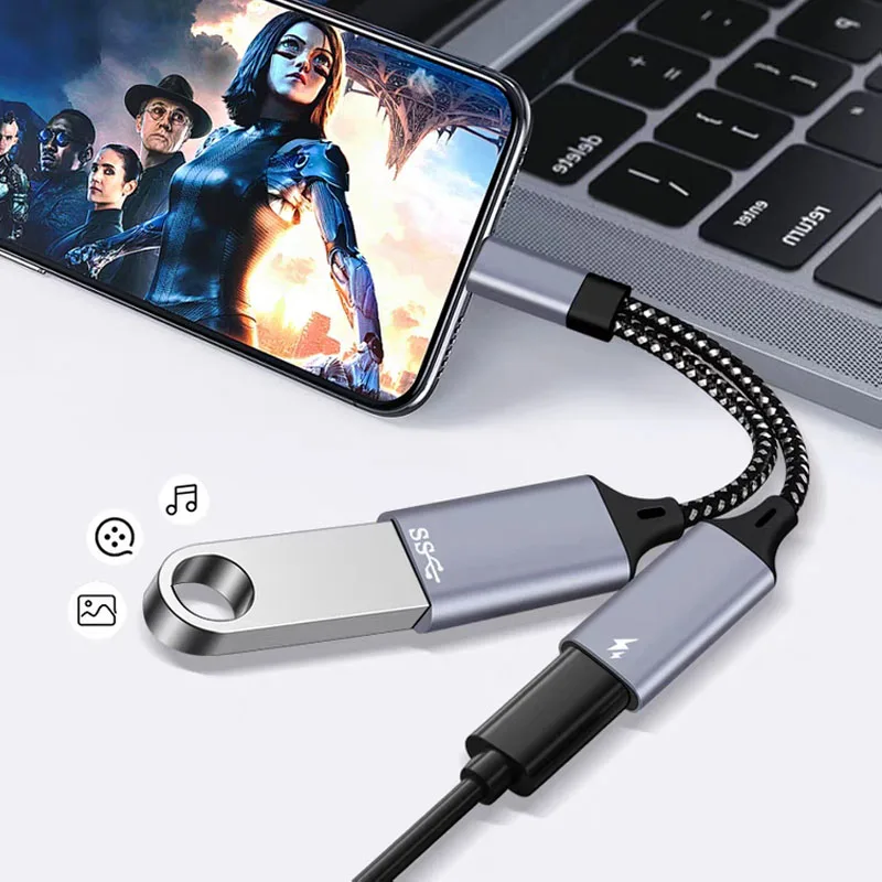 2-in-1-Beleuchtung auf USB-A-Adapter mit Aufladung, tragbarer Beleuchtungs-Splitter-Adapter, OTG-Kabel, unterstützt Kartenleser für iPhone, iPad