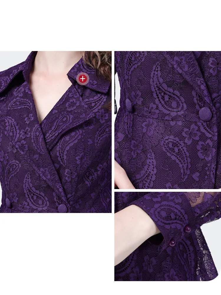 2024 Spring Summer Womens Purple Lace Shirt Hollow Out Suit Collar Tops Elegant Slim Paisley Office Ladies Blouses