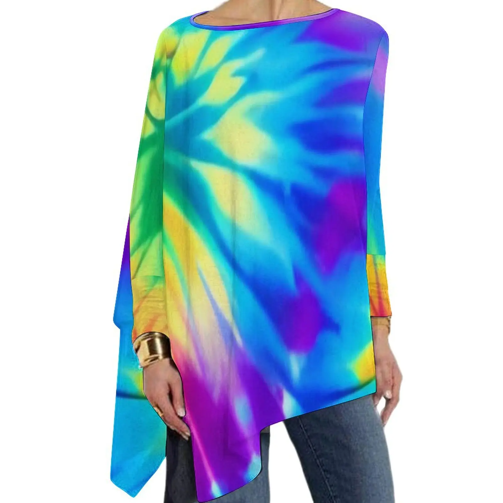 Colorful Tie Dye T Shirt Rainbow Print Vintage Long Sleeve T-Shirts Ladies Street Fashion Tee Shirt Big Size Design Tops