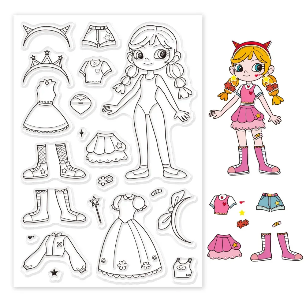 

1Sheet Cartoon Girl Clear Stamps Clothes Dress Up Game Silicone Clear Stamp Seals for Cards Making DIY Scrapbooking Photo