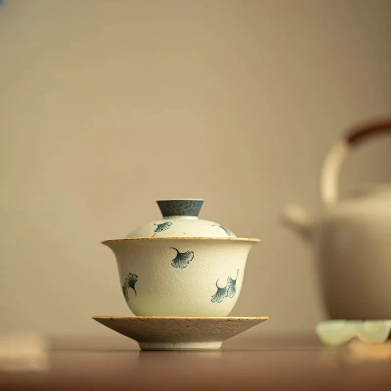 Blue and White Firestone Red Lid Bowl Three-Talent Lid Tea Brewing Bowl Ceramic Exquisite Tea Bowl Gaiwan