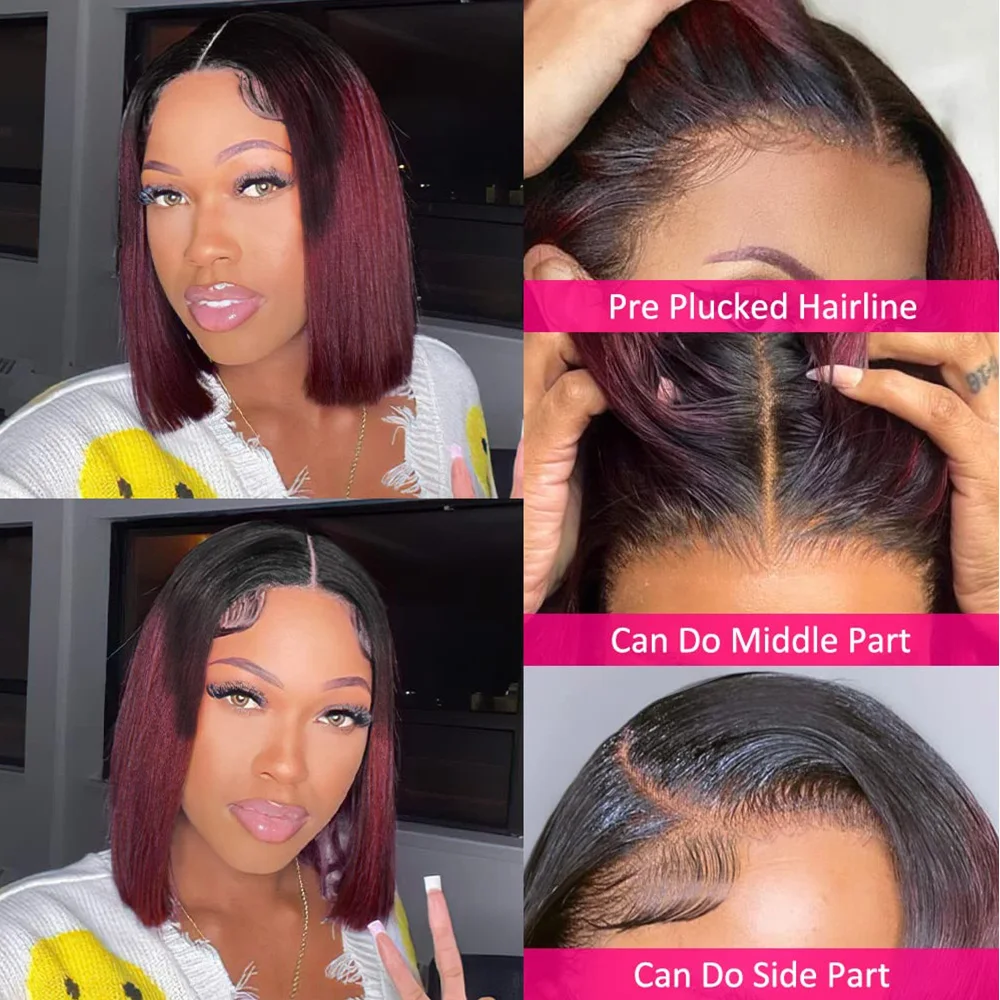 1B/99J بورجوندي قصير بوب غلويليس الباروكات الشعر البشري 13x4 الدانتيل أمامي خصلات الشعر المستعار الإنسان أومبير بورجوندي بوب الباروكات للنساء #4