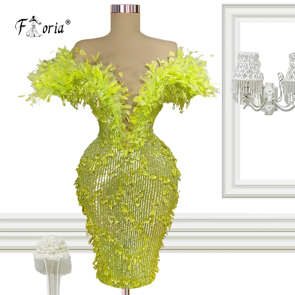 Sexy Green Sequined Beaded Short Prom Dresses V Neck Off the Shoulder Feather Mini Party Dress Homecoming Women Formal Vestidos