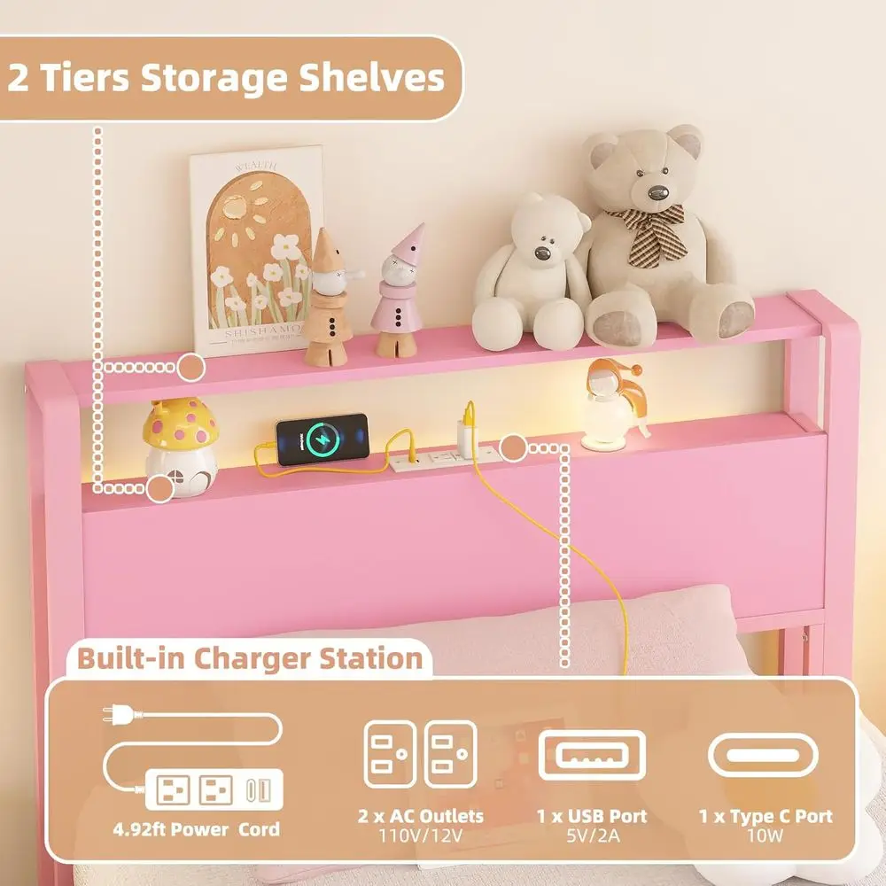 Pink Heavy-Duty Metal Twin Bed Frame with 2-Tier Storage Headboard, No Box Spring Needed, for Girls