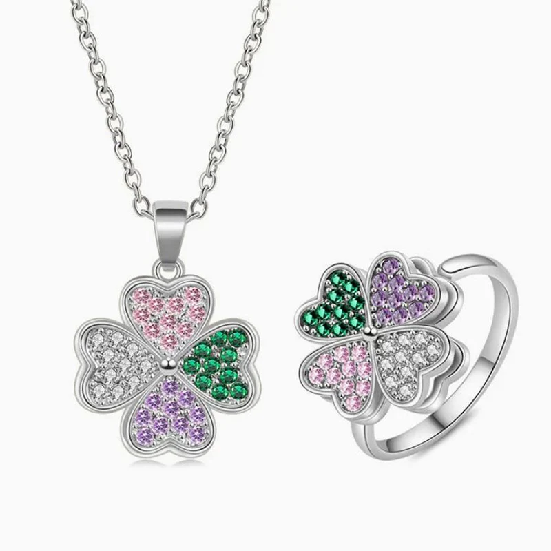 Sweet Romance Rotating Clover Ring Fashionable and Versatile Full Zircon Flower Collarbone Chain Women's Jewelry Set KOFSAC