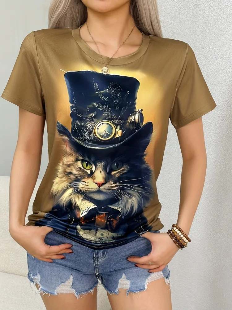 2025 New Summer Women's T Shirt Retro 3d Cat Printing Fashion Elegant Temperament Short Sleeve Street Beat Tide Women's Clothing