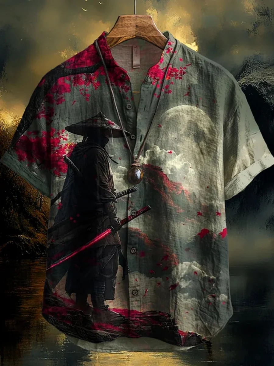 Men's ink-wash style tiger warrior print short-sleeved shirt, retro Chinese style loose casual men's vacation Hawaiian men's top