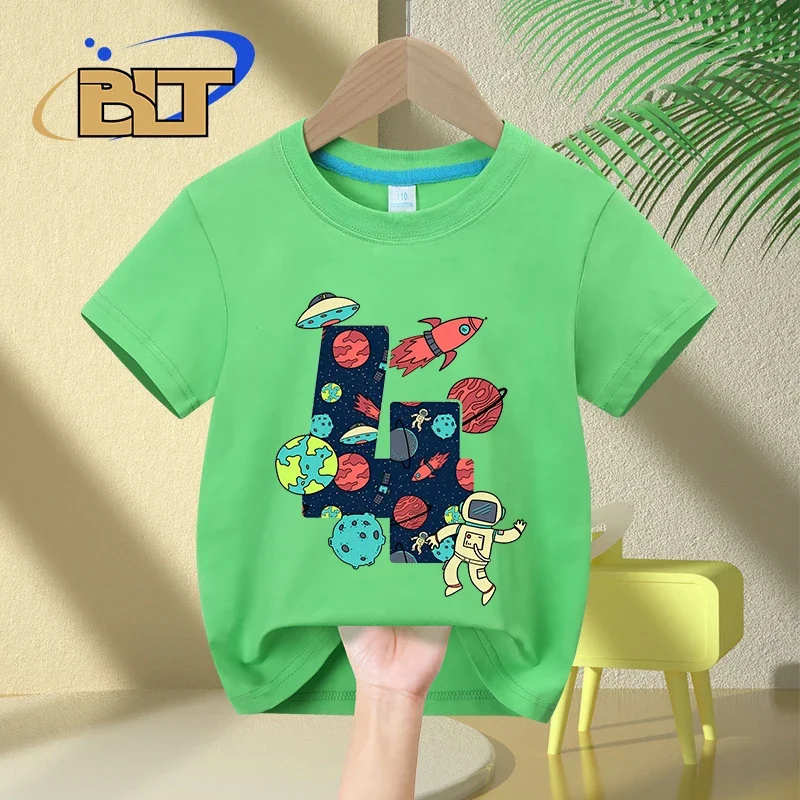 Kids 4th Birthday T-Shirt Space and Astronauts 4 Year Old Children's Cotton Short Sleeve Gift