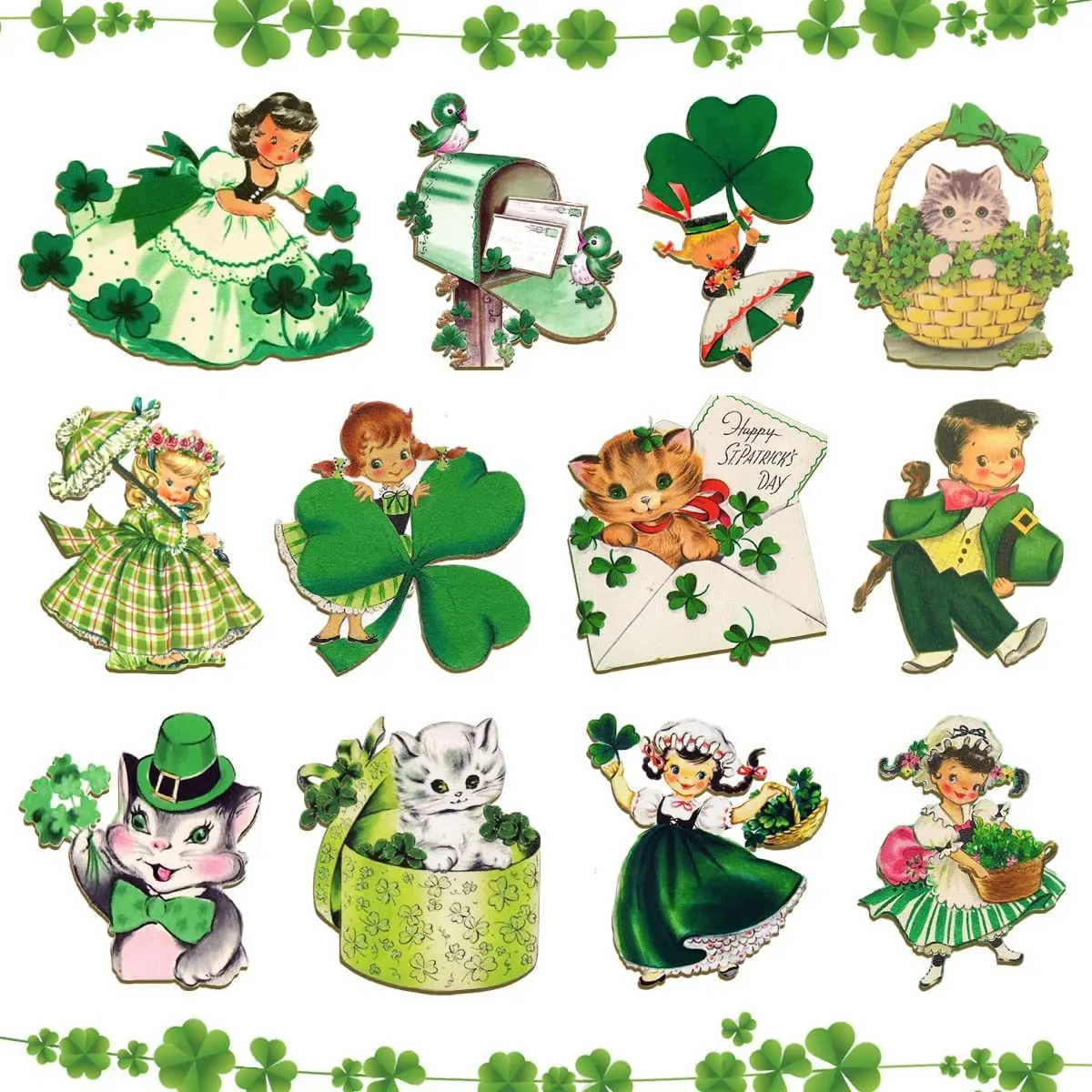 24Pcs St. Patricks Day Wooden Ornaments Cartoon Cat Shamrocks Pendant Irish Holiday Decor Kids Gift Home Party Supplies