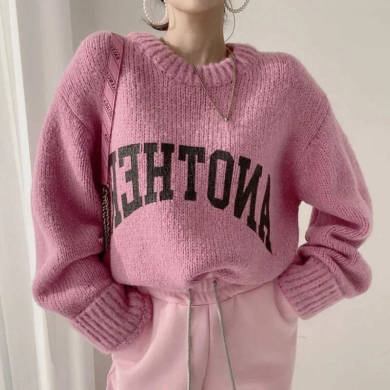 

For Women Ultra Long Sleeve CommKorean Style Candy Color round Neck Letter Print Loose Thickened Long Sleeve Knitted Sweater