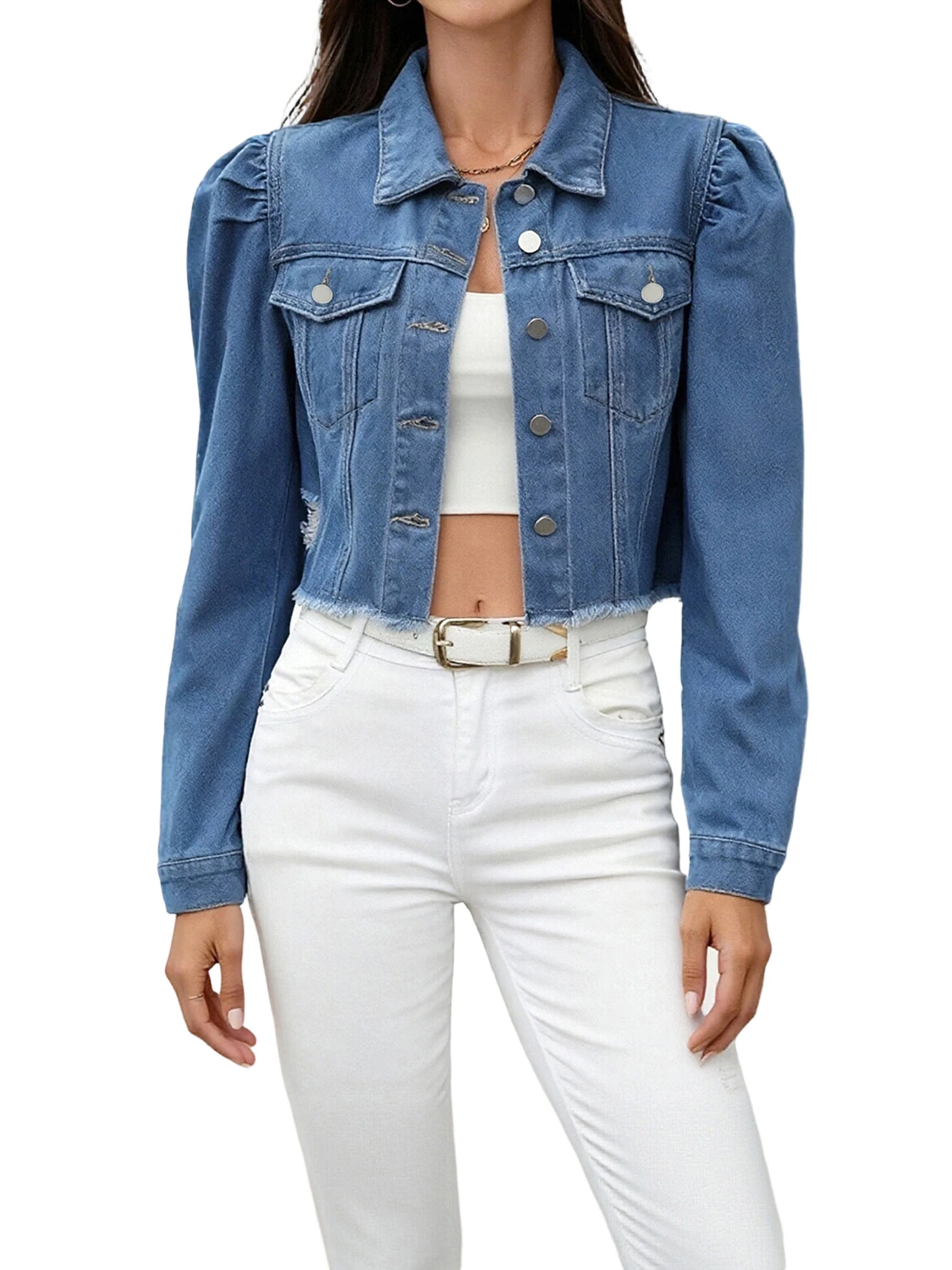 

Women s Cropped Denim Jacket Casual Long Sleeve Button Down Boyfriend Jean Jacket Biker Coat