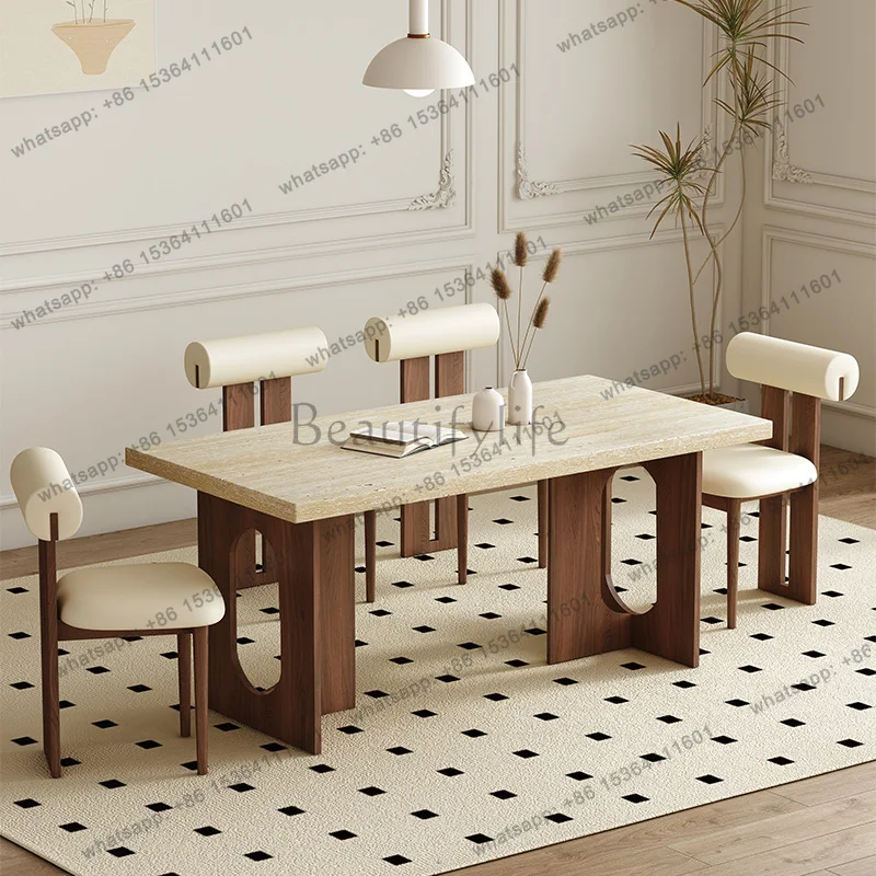 Medieval style solid wood travertine rock slab dining table modern simple villa large apartment high-end home