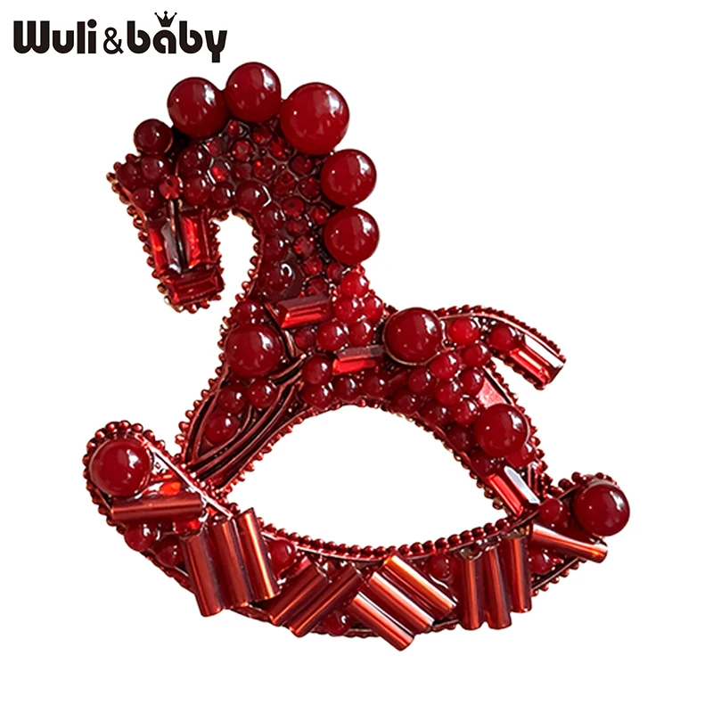 Wuli&baby Red Beads Rocking Horse Brooch Pin for Women product photo