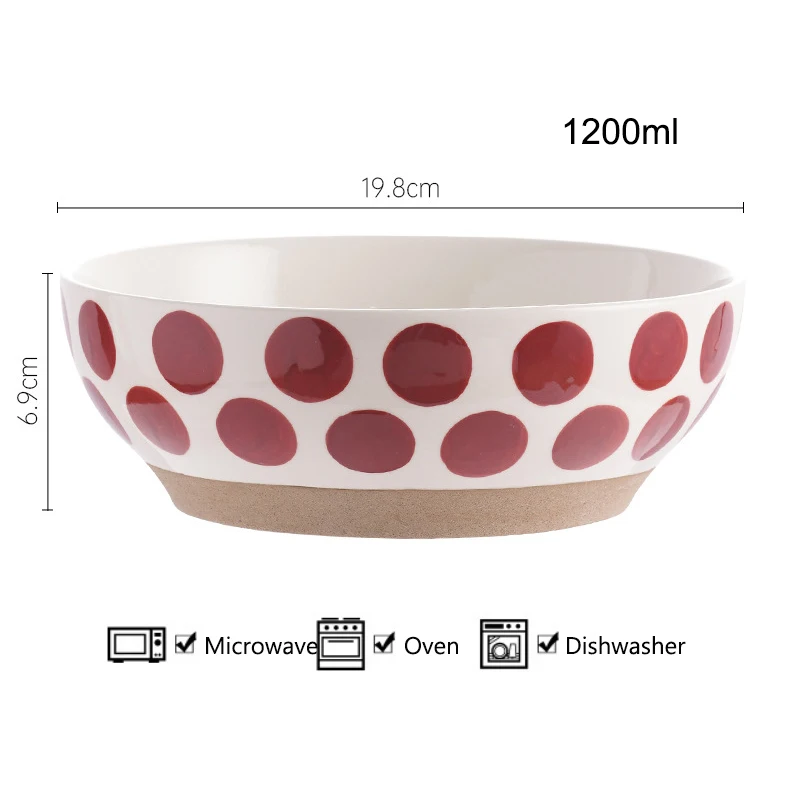 8 Inch Ceramic Large Ramen Bowl Red Blue Dot Soup Salad Bowl Porcelain Japanese Noodle Bowl Microwave Safe