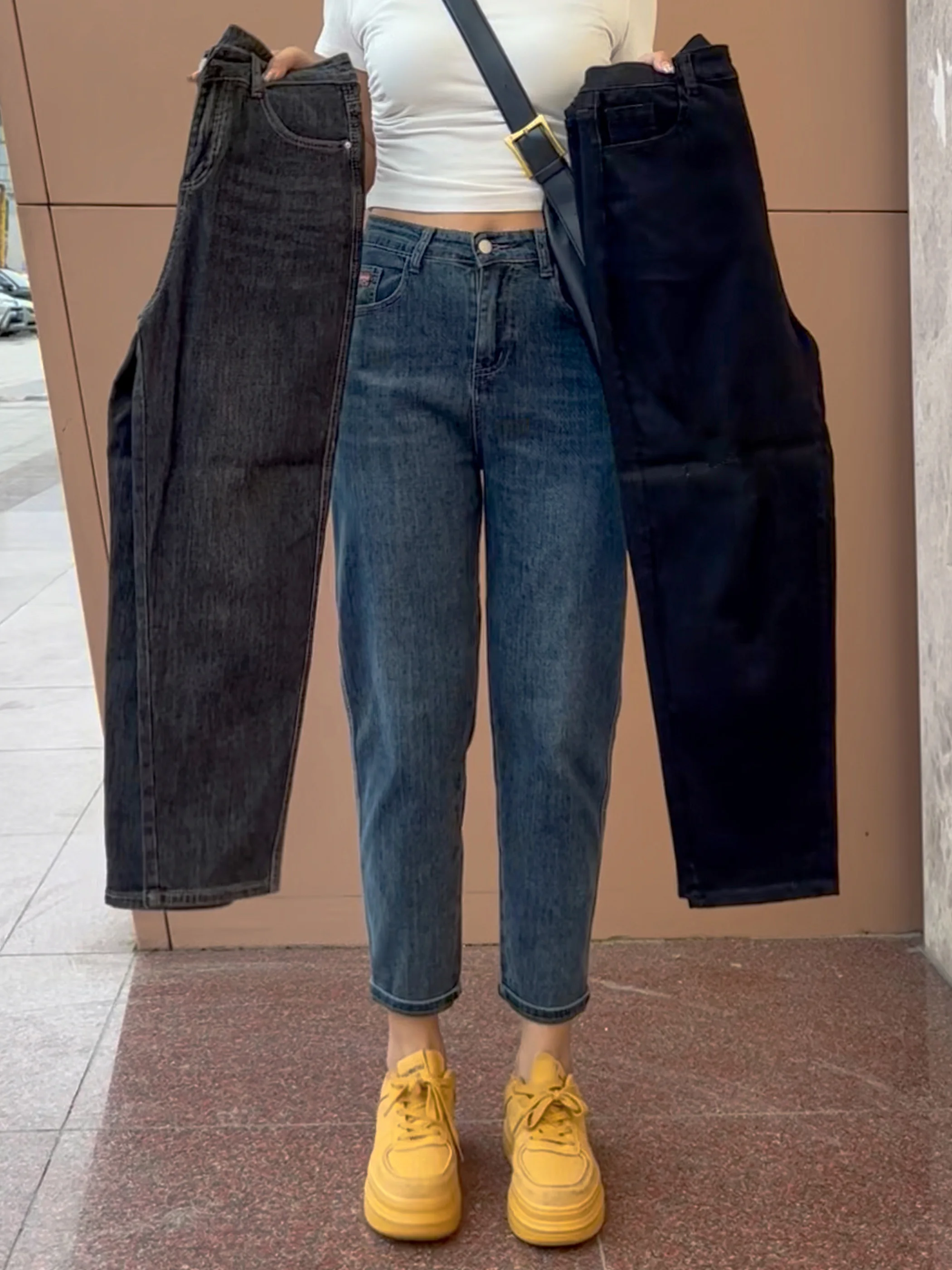 

Женские джинсы Harlan Dad Jeans больших размеров, свободные, стройнящие, скрывающие недостатки фигуры, с высокой талией, повседневные, на молнии, джинсовые брюки для фигуры типа «груша»