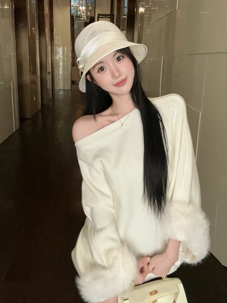 Autumn Winter Shoulder Bared Slant Collar Long Sleeve Irregular Sweater Elegant Loose Slimming Top for Young Women Casual Style