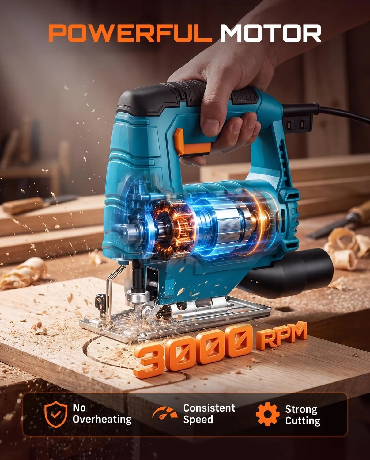 SEESII 3000 SPM Corded Jigsaw 500W Jig Saw Tool Electric Power Cutter with 4 Blades 0°-45° Bevel Cuts Comfort Grip & 6.9 ft Cord Parallel Guide for Straight Cut