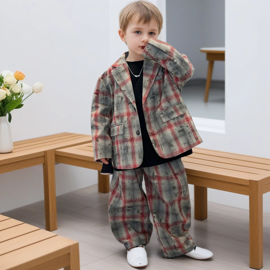 

Kids Plaid Suit Set Trendy Blazer Pants 2-Piece Autumn Boys Wedding Formal Wear Gentleman Stylish Child Birthday Party Tuxedo