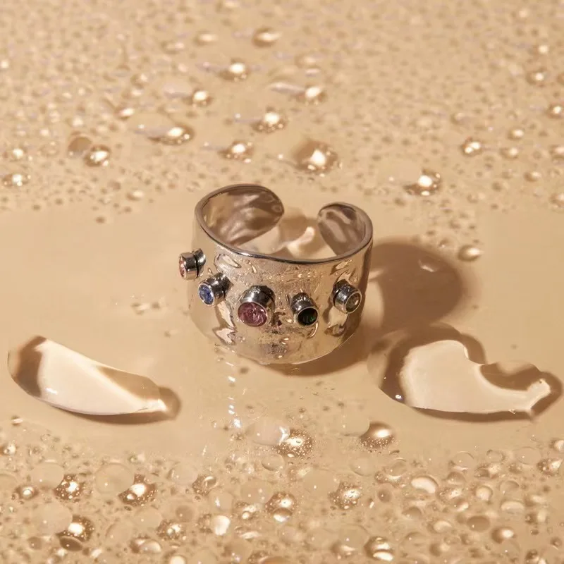 Colorful Crystal Wide Face Open Ring Vintage Gold/Silver Color Metal Ring Women Girl's Pary Jewelry Gifts image 5