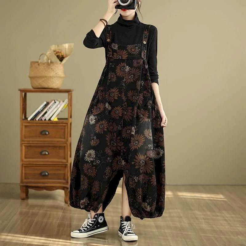 Literary Jumpsuits Casual Flower Printed Denim Playsuits One Piece Outfit Women Harem Pants Loose Overalls for Women Clothing