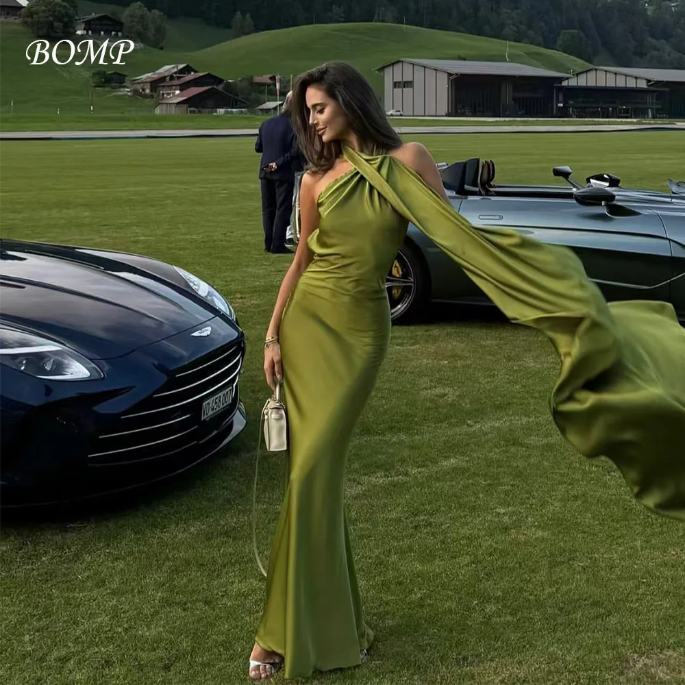 

BOMP Elegant Green Evening Dress Halter with Scarf Backless Mermaid Satin Special Occasion Wedding Party Dresses Customized