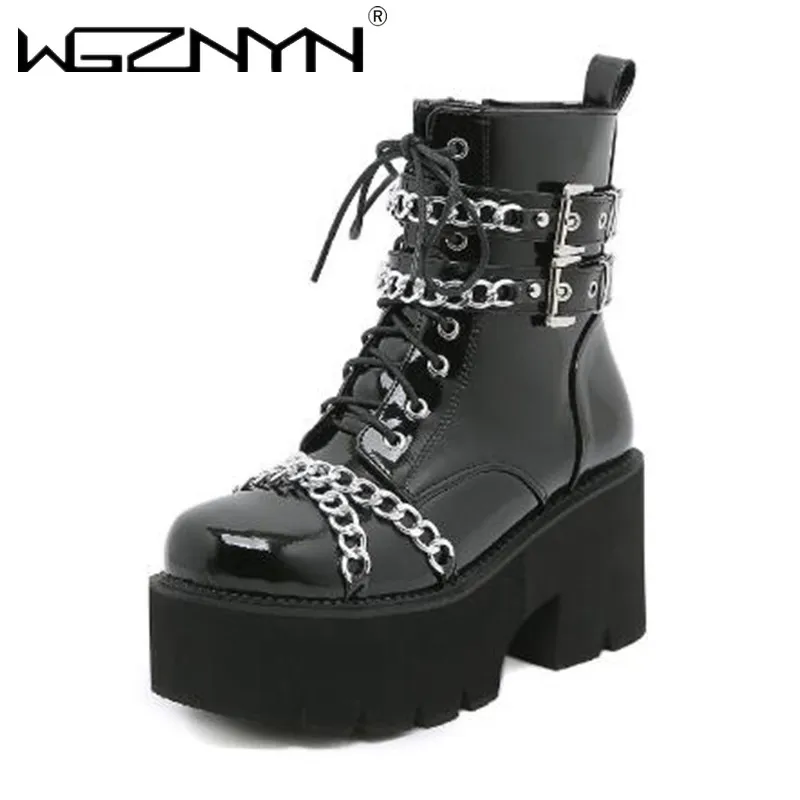 Fashion Women Shoes Boots Black Dark Cool Thick Bottom Platform Harajuku Shoes With Metal Chain Gothic Punk Girls Shoes Footwear