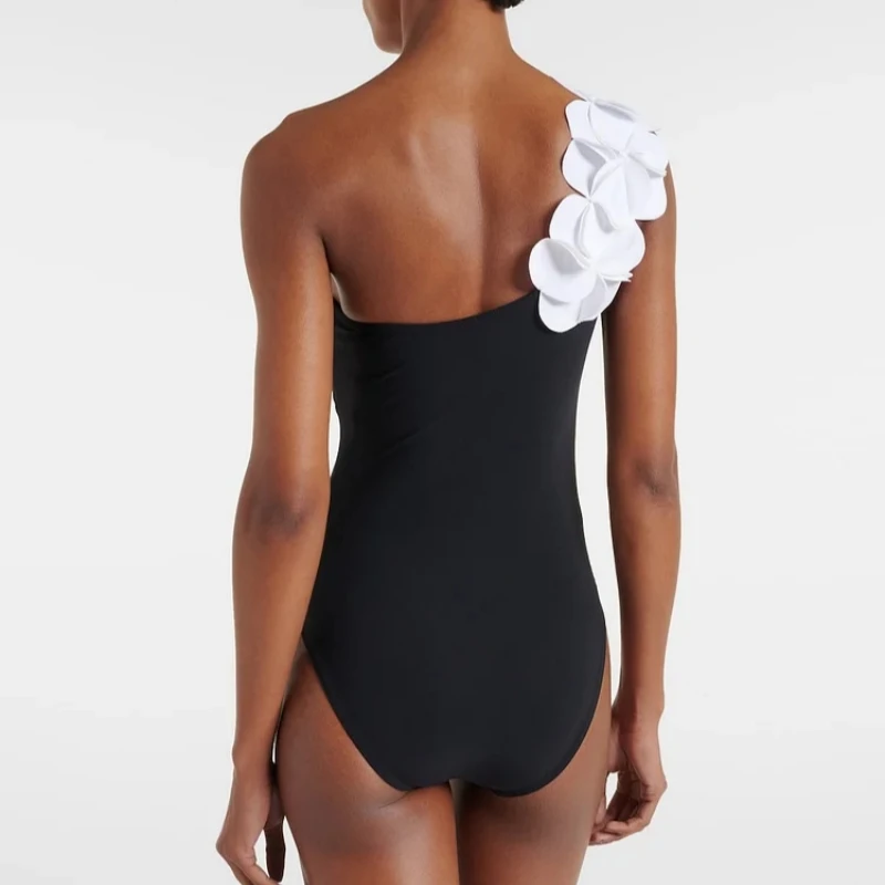 MUOLUX 2024 Sexy Women\'s Swimsuit New 3D Flower Single Shoulder Strap Black White One-piece Swimsuit Wrapped Skirt Two-piece Set