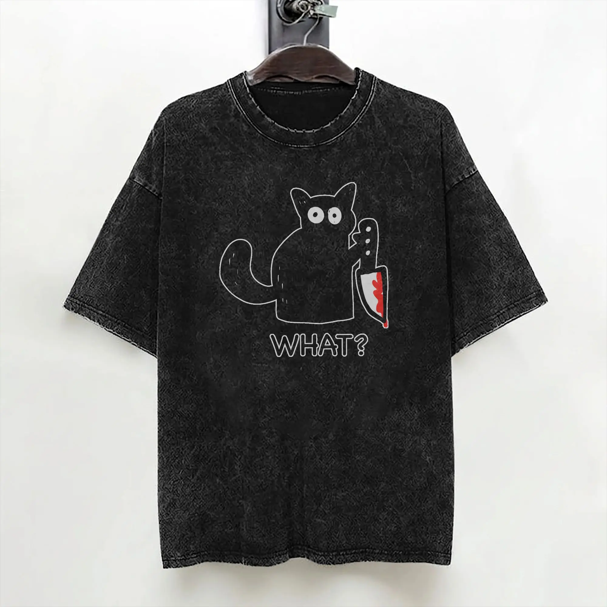 Black Cat With Bloody Knife Washed T Shirt Streetwear Hip Hop Fashion T-Shirts Tees Tops Men Women Short Sleeve Harajuku Graphic